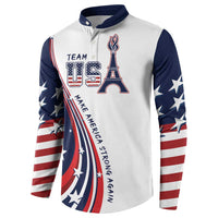 White long-sleeve button henley sweatshirt with front TEAM USA and flag graphic
