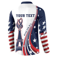 White and navy long-sleeve button henley sweatshirt with back 'YOUR TEXT' and torch graphic