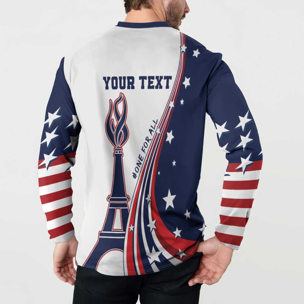 White and navy button henley sweatshirt with back 'YOUR TEXT' and torch-and-flag graphic