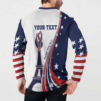 White and navy button henley sweatshirt with back 'YOUR TEXT' and torch-and-flag graphic
