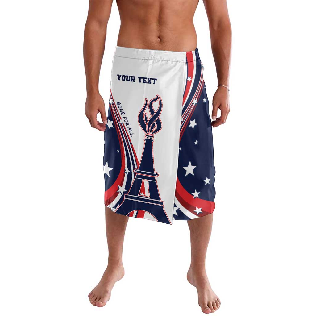 Personalized wrap skirt with Eiffel Tower graphic, stars and stripes, white waistband