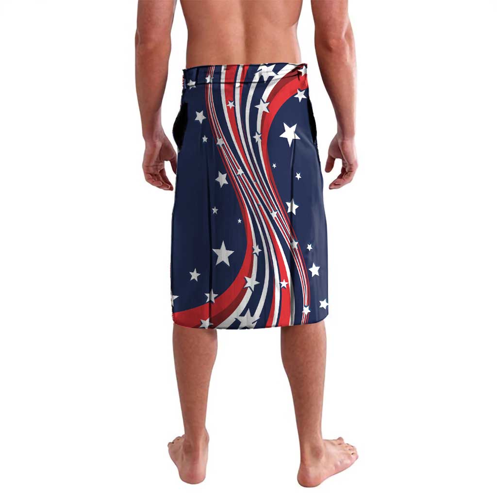 Personalized wrap skirt, full front view with blue stars, red stripes, white trim