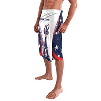 Personalized wrap skirt side view with Eiffel Tower emblem, stars, and white band