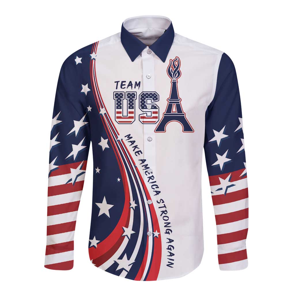Long-sleeve button shirt with white body, navy sleeves, USA flag graphic front