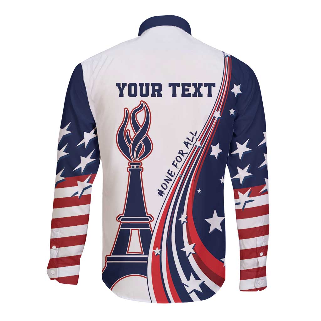 Long-sleeve button shirt with back 'YOUR TEXT' and USA flag flame graphic