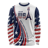 Unisex long sleeve shirt, white with USA flag graphic and TEAM USA torch text