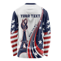 Unisex long sleeve shirt, white with USA flag sleeves, YOUR TEXT back and torch