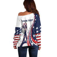 Off-shoulder white sweater with USA stars-and-stripes print, navy/red, custom text