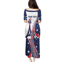 Long off-shoulder dress in navy with large back patriotic USA graphic