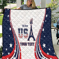 Personalized USA quilt with white center and navy star border, red/blue stripe Eiffel graphics