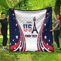 Personalized USA quilt featuring “TEAM USA” emblem and “YOUR TEXT” on white with navy stars