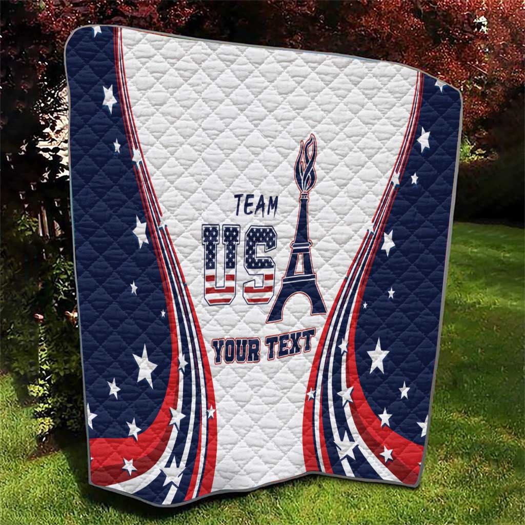 Personalized USA quilt laid flat with “TEAM USA” and Eiffel tower graphic on white panel
