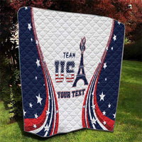 Personalized USA quilt laid flat with “TEAM USA” and Eiffel tower graphic on white panel