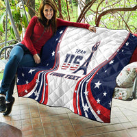 Personalized USA quilt held on patio with white center, navy stars, and Eiffel tower print