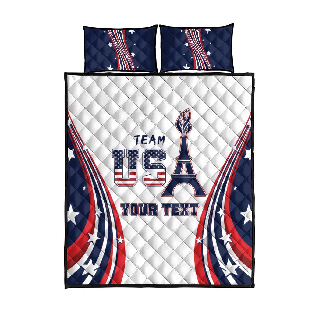 Personalized quilt bed set featuring 'YOUR TEXT' graphic, stars, and striped design