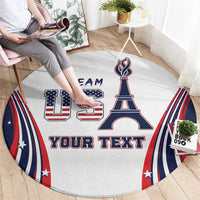 Round carpet with centered Eiffel Tower graphic and 'YOUR TEXT', stars and stripes accents