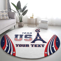 Round decorative carpet with Eiffel Tower, 'TEAM' and 'YOUR TEXT' text print, red-white-blue