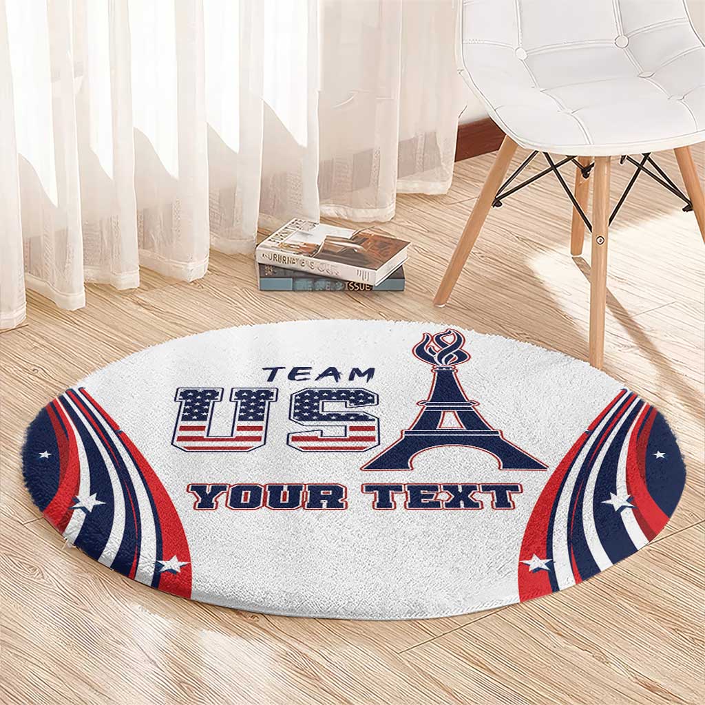 Round carpet with Eiffel Tower design, star-spangled stripes, and 'YOUR TEXT' in blue