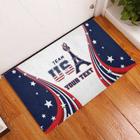Personalized USA rubber doormat featuring Team USA and custom text on white with star and flag pattern