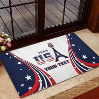 Personalized USA rubber doormat with Team USA emblem and your text, flanked by stars and striped arcs