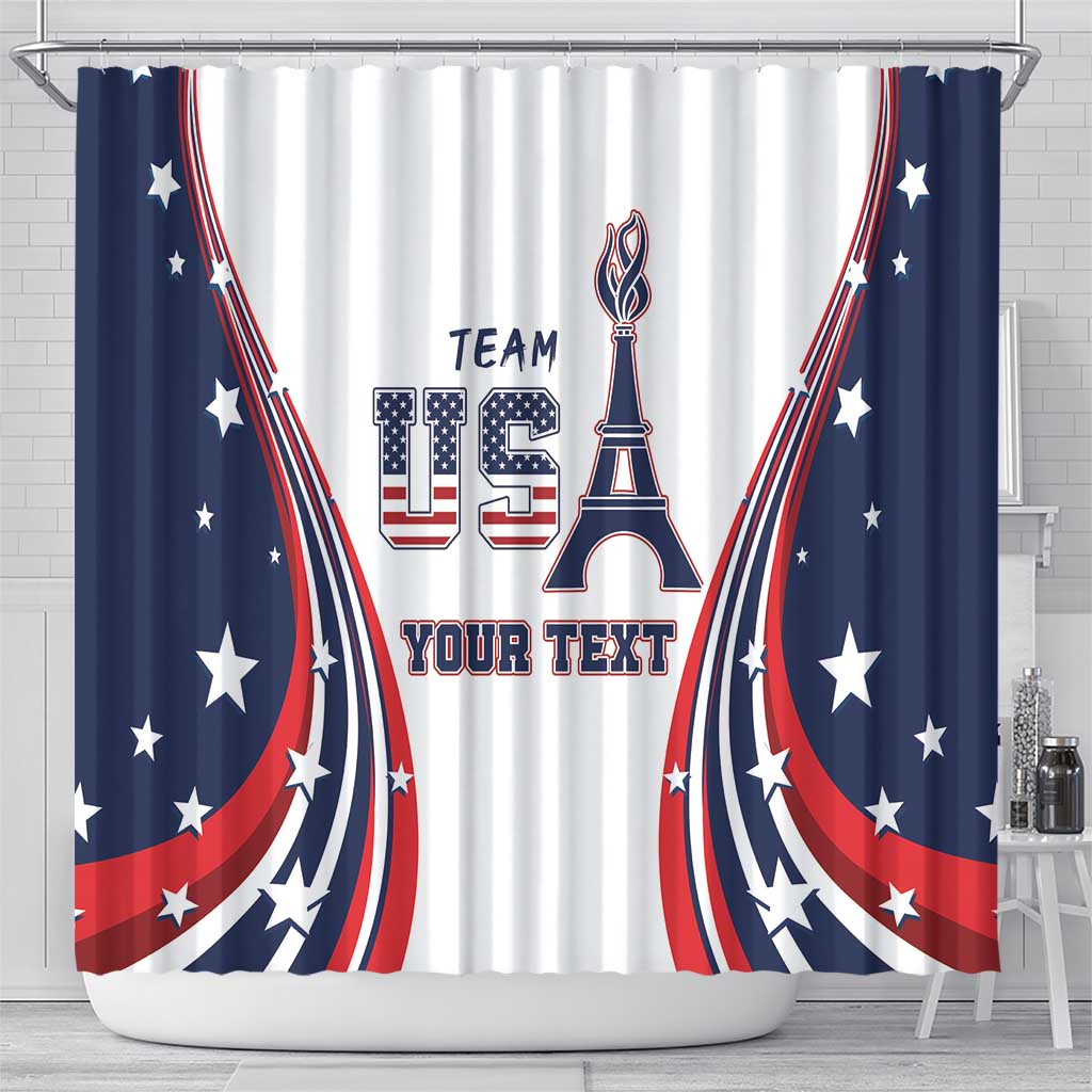 White shower curtain with navy red star stripes, Eiffel Tower, and 'YOUR TEXT' text.