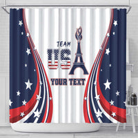 White shower curtain with navy red star stripes, Eiffel Tower, and 'YOUR TEXT' text.