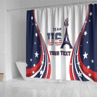 Patriotic shower curtain featuring Eiffel Tower graphic and 'TEAM US' with 'YOUR TEXT'.