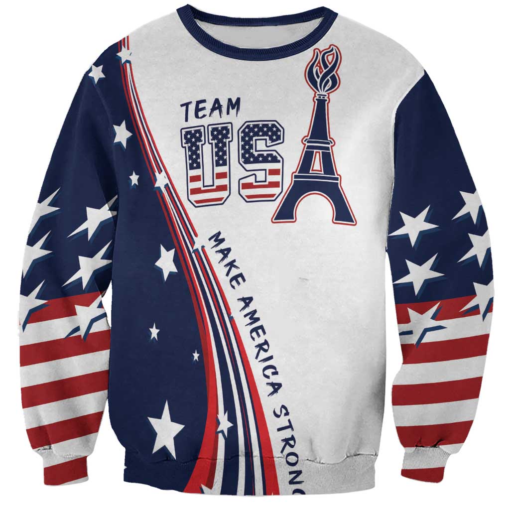 Unisex sweatshirt with white front, navy sleeves, patriotic stars and bold USA graphic