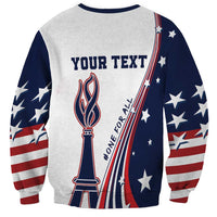 Unisex sweatshirt with white back, navy star sleeves, Eiffel Tower graphic and stripes