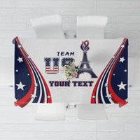 White tablecloth with patriotic red, blue stripes, stars, Eiffel tower and YOUR TEXT