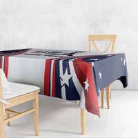 Patriotic white tablecloth with red, blue, and star stripes, draped over dining table