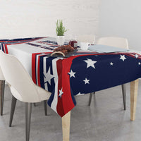 Patriotic tablecloth with navy stars and red-and-white vertical stripe panels over table
