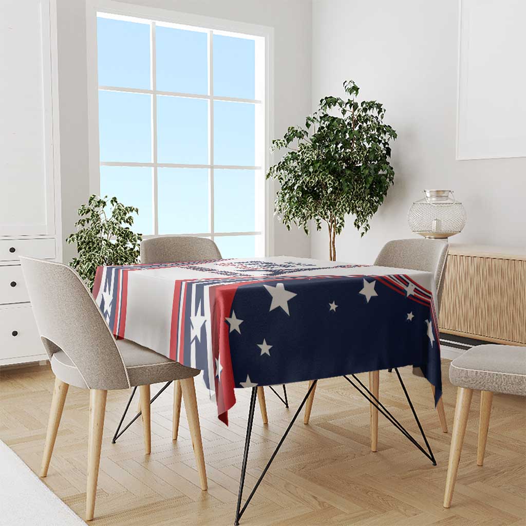 USA-style tablecloth in red, white, and navy with star and stripe pattern