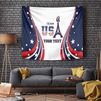 Patriotic wall tapestry featuring Eiffel Tower, USA emblem, stars, and “YOUR TEXT”