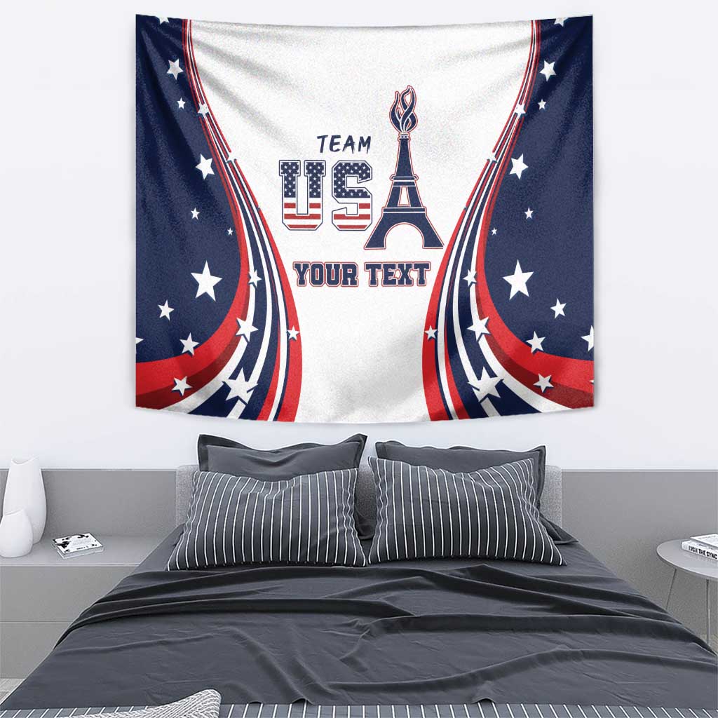 Personalized USA-themed tapestry with Eiffel Tower motif, star accents, and “YOUR TEXT”