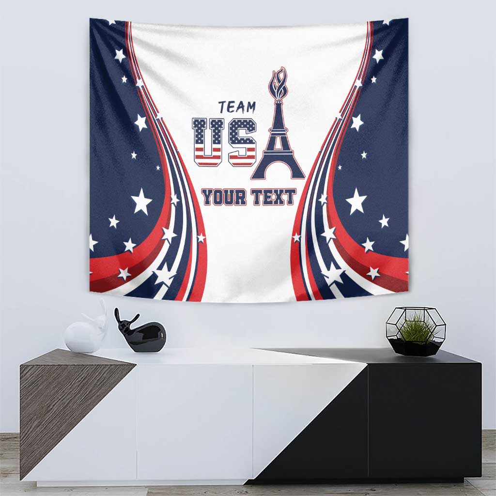Patriotic wall tapestry with Eiffel Tower graphic, USA letters, stars, and “YOUR TEXT”