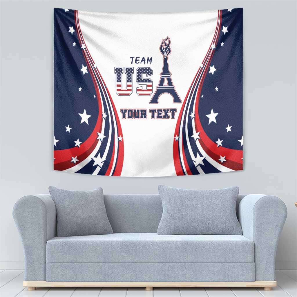 Personalized patriotic tapestry showing Eiffel Tower, US stars, flag stripes, and “YOUR TEXT”