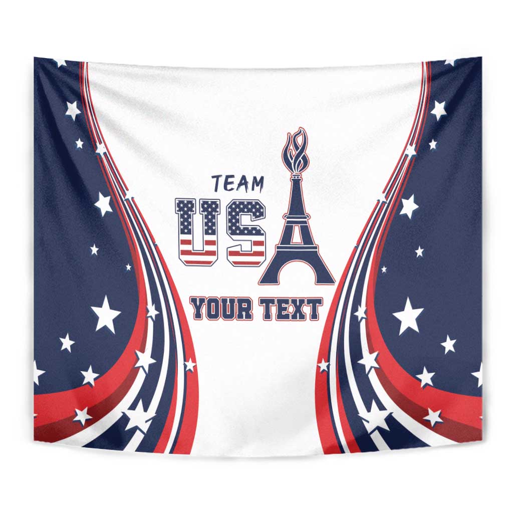 Close-up patriotic tapestry with Eiffel Tower, “TEAM USA,” stars, and “YOUR TEXT”
