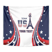 Close-up patriotic tapestry with Eiffel Tower, “TEAM USA,” stars, and “YOUR TEXT”