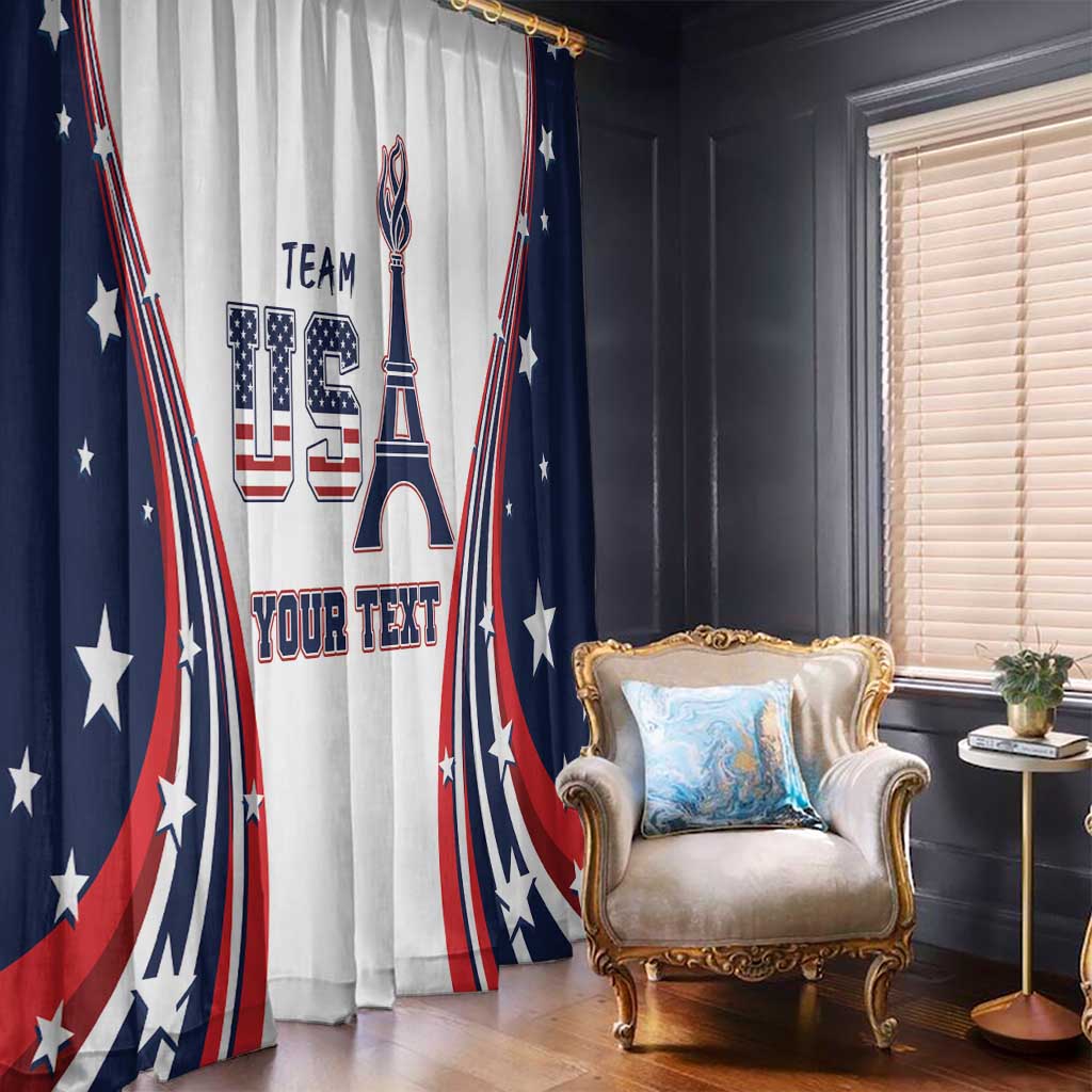 White window curtain panels with navy and red patriotic design, Eiffel Tower, stars, text
