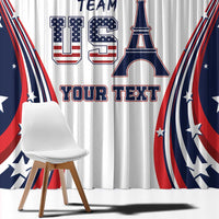 Close-up of white window curtain with navy and red lettering, Eiffel Tower, star details