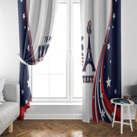Window curtain with white fabric and navy/red side panels, Eiffel Tower graphic and text