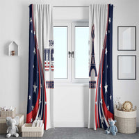 Printed window curtain panels with white background, navy stars, red stripes, Eiffel Tower