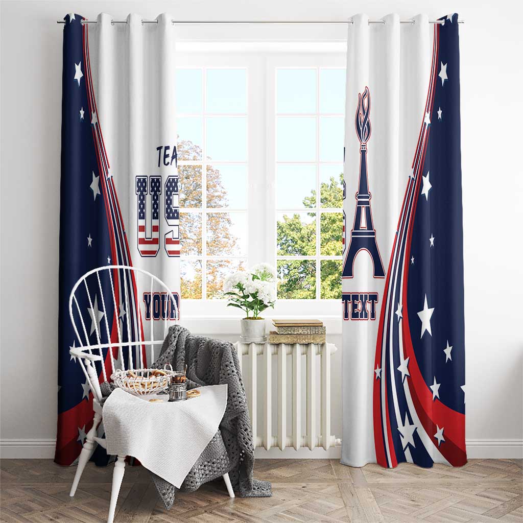 Printed window curtain panels with white fabric, navy and red stars, Eiffel Tower and text