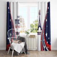 Printed window curtain panels with white fabric, navy and red stars, Eiffel Tower and text