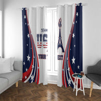 Pair of printed window curtain panels with white base, navy stars, red stripes, Eiffel Tower