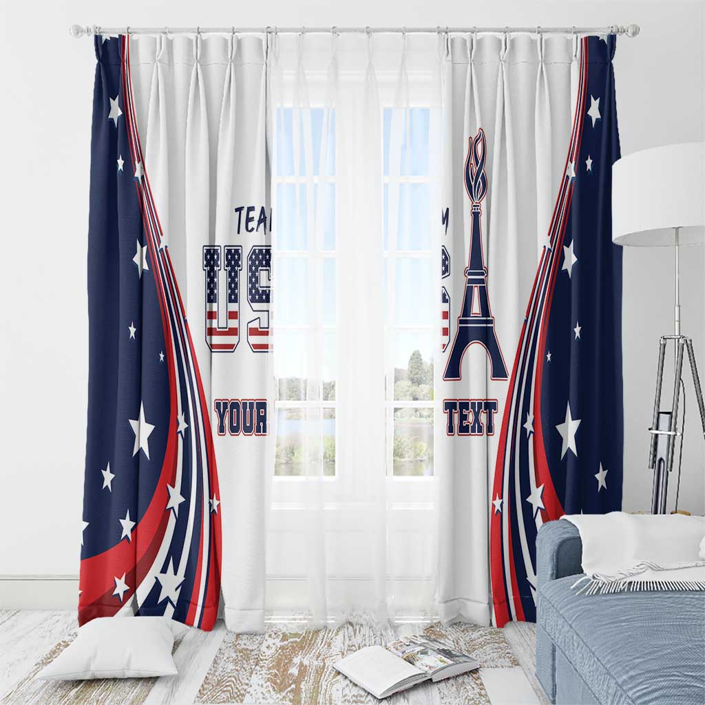 White window curtain with navy and red flag print, Eiffel Tower graphic, star details