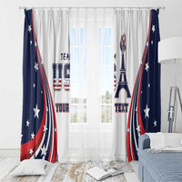 White window curtain with navy and red flag print, Eiffel Tower graphic, star details