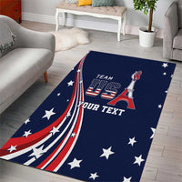 Blue rectangular area rug with star pattern, Eiffel Tower art, and custom text