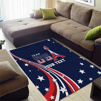 Blue area rug with stars, Eiffel Tower design, custom text, and red-white ribbon
